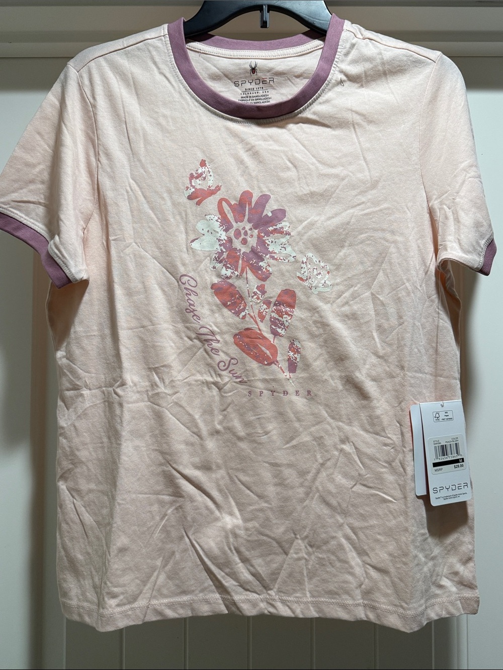Spyder Women's Light Pink Floral Ringer Tee with Mauve Trim